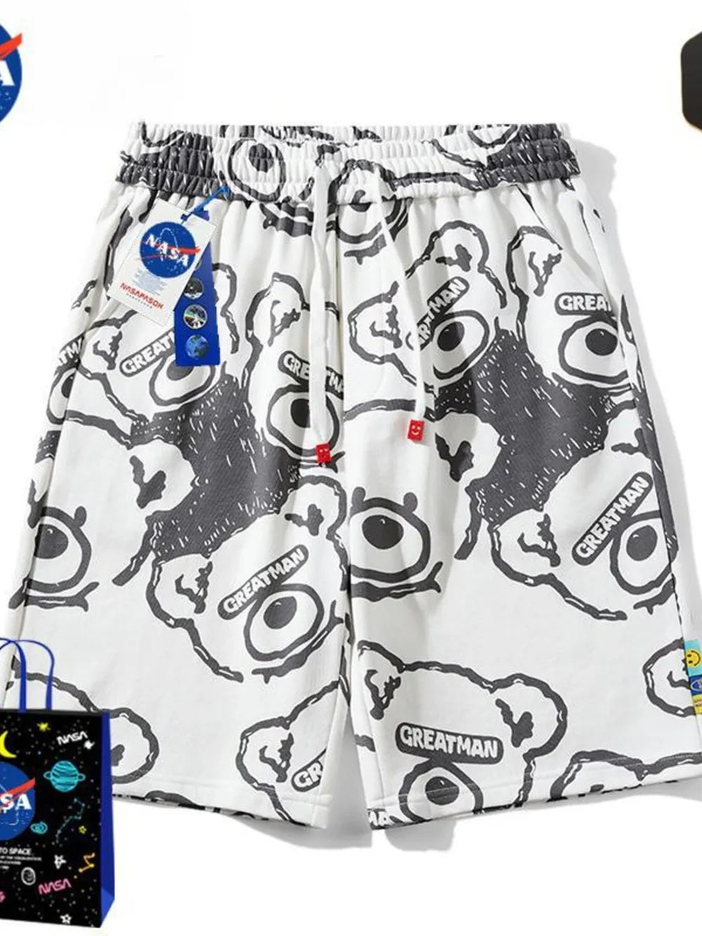 Men's white shorts with all-over playful bear print and drawstring waist.