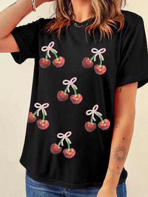 Black cotton tee with sequin cherry and bow print