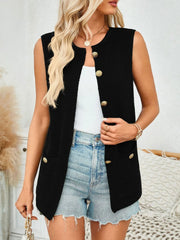 Black knit buttoned vest with gold buttons and pocket details