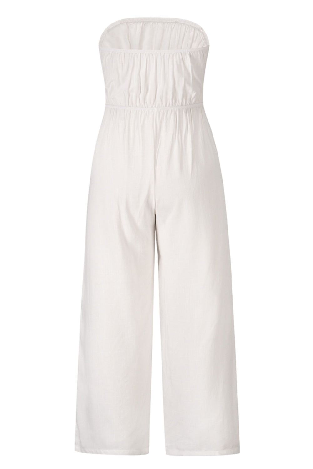 White bandeau tie-waist wide-leg jumpsuit with ruched bodice and cropped wide legs.