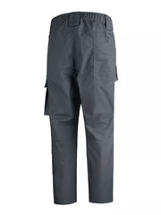 Men's grey functional cargo pants with multiple pockets and elastic waistband.