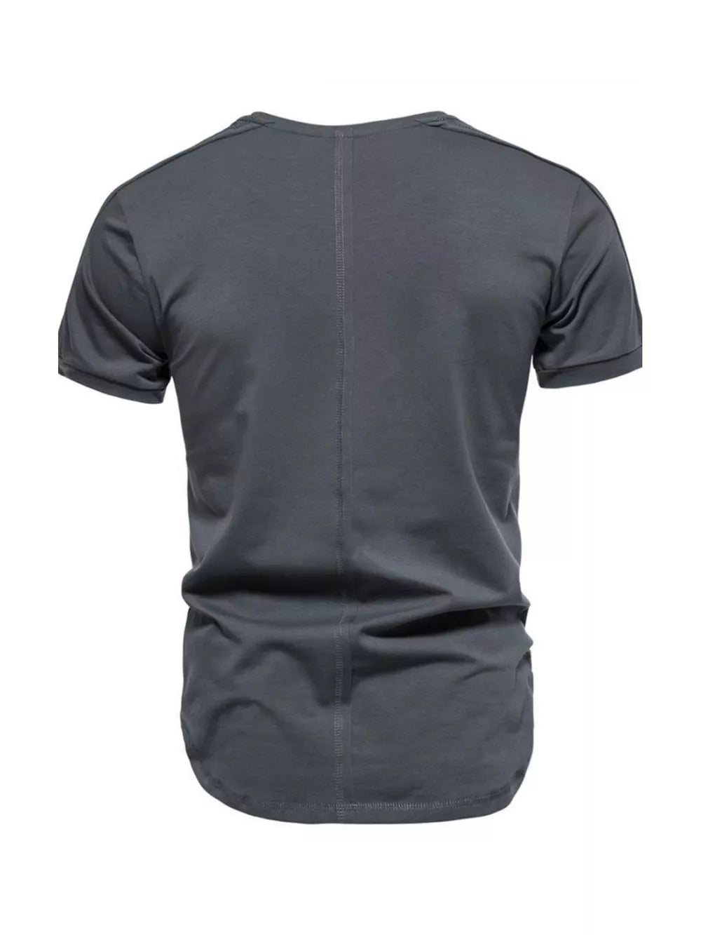 Men's dark gray cotton t-shirt with round neck and vertical seam detail.