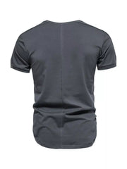 Men's dark gray cotton t-shirt with round neck and vertical seam detail.
