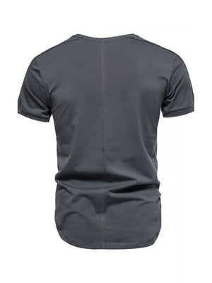 Men's dark gray cotton t-shirt with round neck and vertical seam detail.