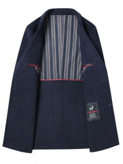 Navy plaid wool blend overcoat with striped lining and button detail.