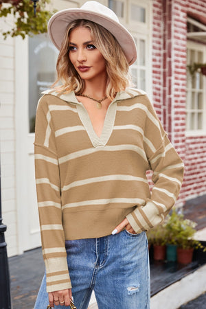 Tan striped knit sweater with polo neckline and v-cut.