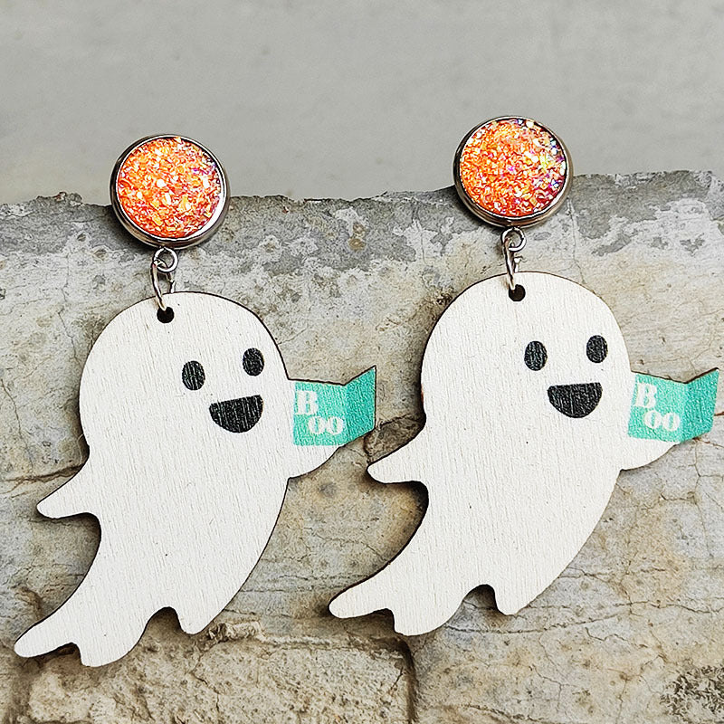 Spooky ghost dangle earrings with orange glitter studs and "Boo" detail