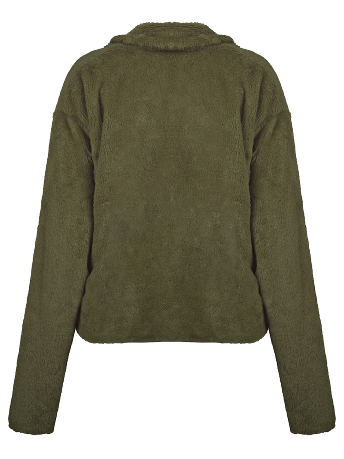 Army green faux fur biker jacket with collar and long sleeves.