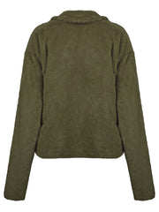 Army green faux fur biker jacket with collar and long sleeves.