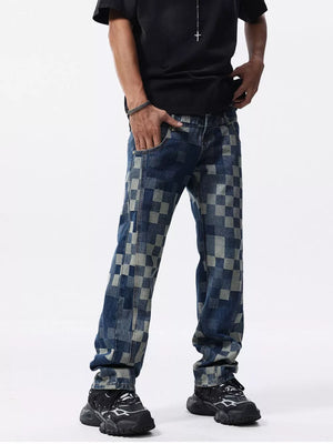 Checkerboard pattern relaxed fit jeans in blue denim with a contemporary checkerboard print.