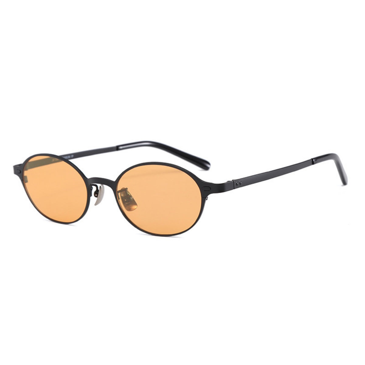 Chic vintage oval sunglasses with orange lenses and black metal frames.