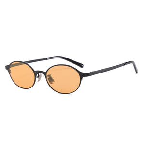 Chic vintage oval sunglasses with orange lenses and black metal frames.