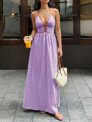 Purple striped halter neck maxi dress with plunging neckline and tie straps.