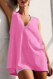 Oversized hot pink V-neck tank top with a chest pocket and relaxed fit.