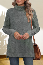 Heather gray ribbed knit turtleneck tunic top with long sleeves and side slits.