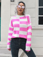 Dreamweave Drape Sweater in Fuchsia Pink and white checkerboard stripe acrylic knit with crewneck and long sleeves.