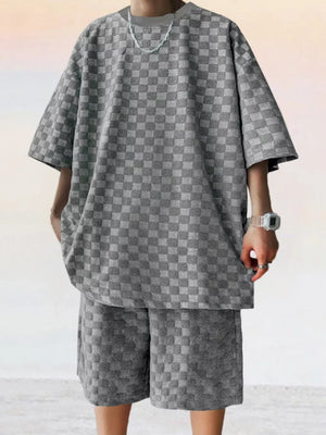 Dark gray checkered textured casual two-piece set for men.