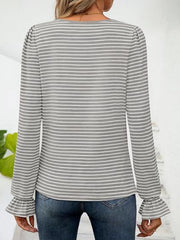 Gray striped blouse with ruffle cuffs and square neckline