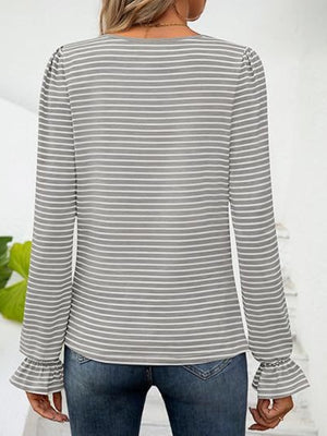 Gray striped blouse with ruffle cuffs and square neckline
