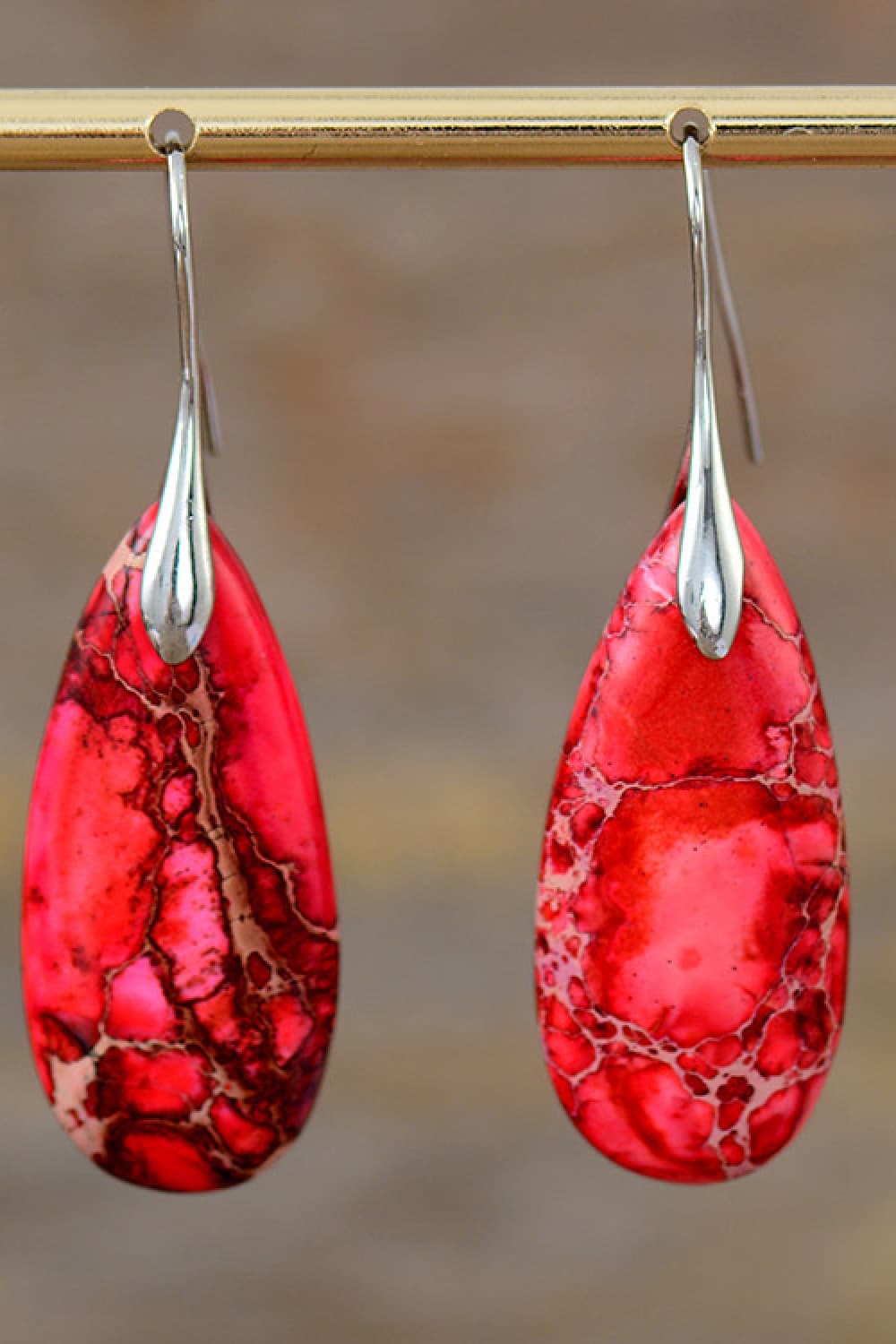 Ocean Jasper dangle earrings with red stone and silver hooks