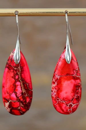 Ocean Jasper dangle earrings with red stone and silver hooks