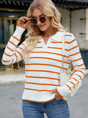 Polo-neck knit top with orange Breton stripes and ribbed cuffs.