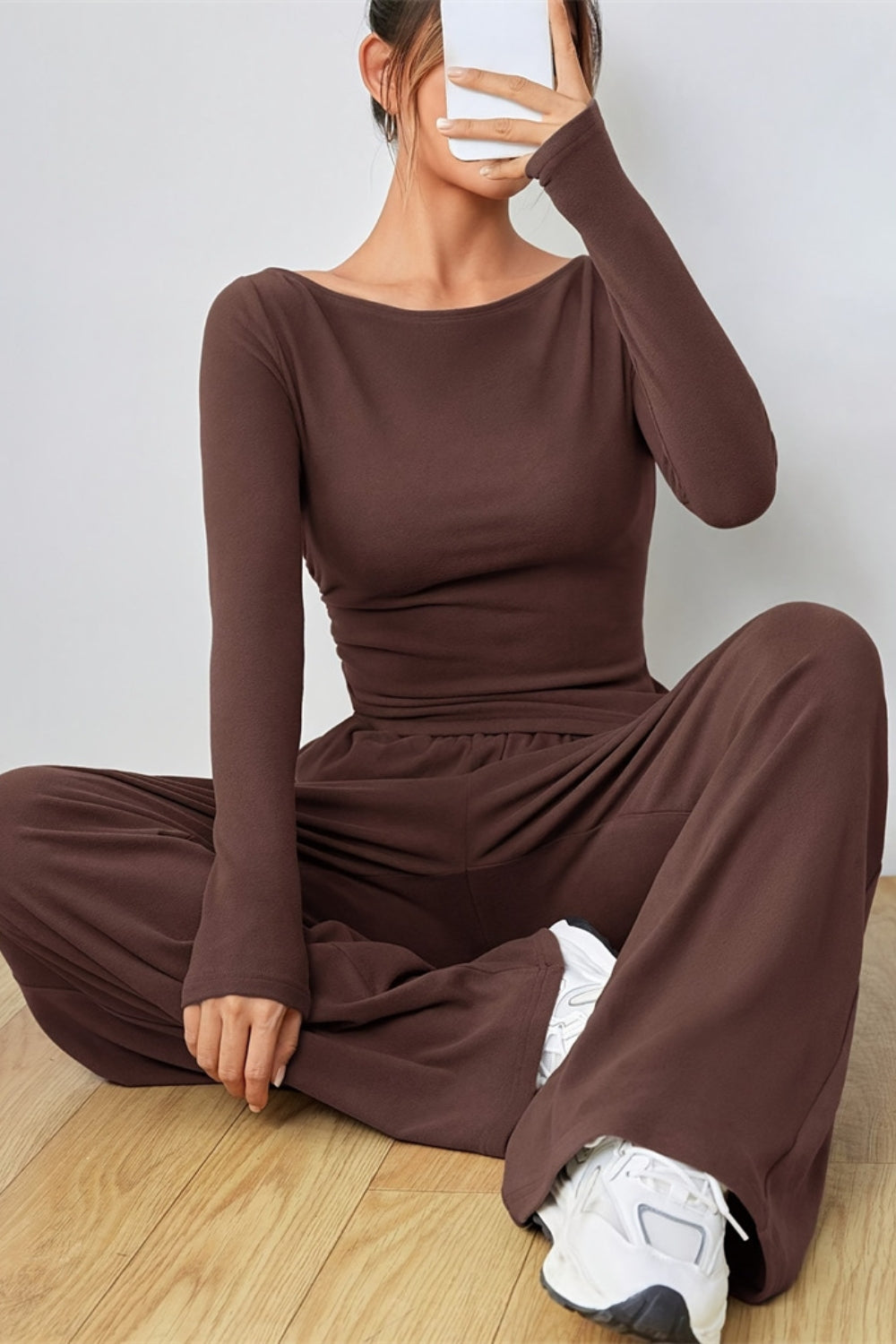 Dark Brown boat neck loungewear set with long sleeves and wide leg pants.