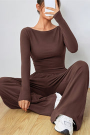 Dark Brown boat neck loungewear set with long sleeves and wide leg pants.
