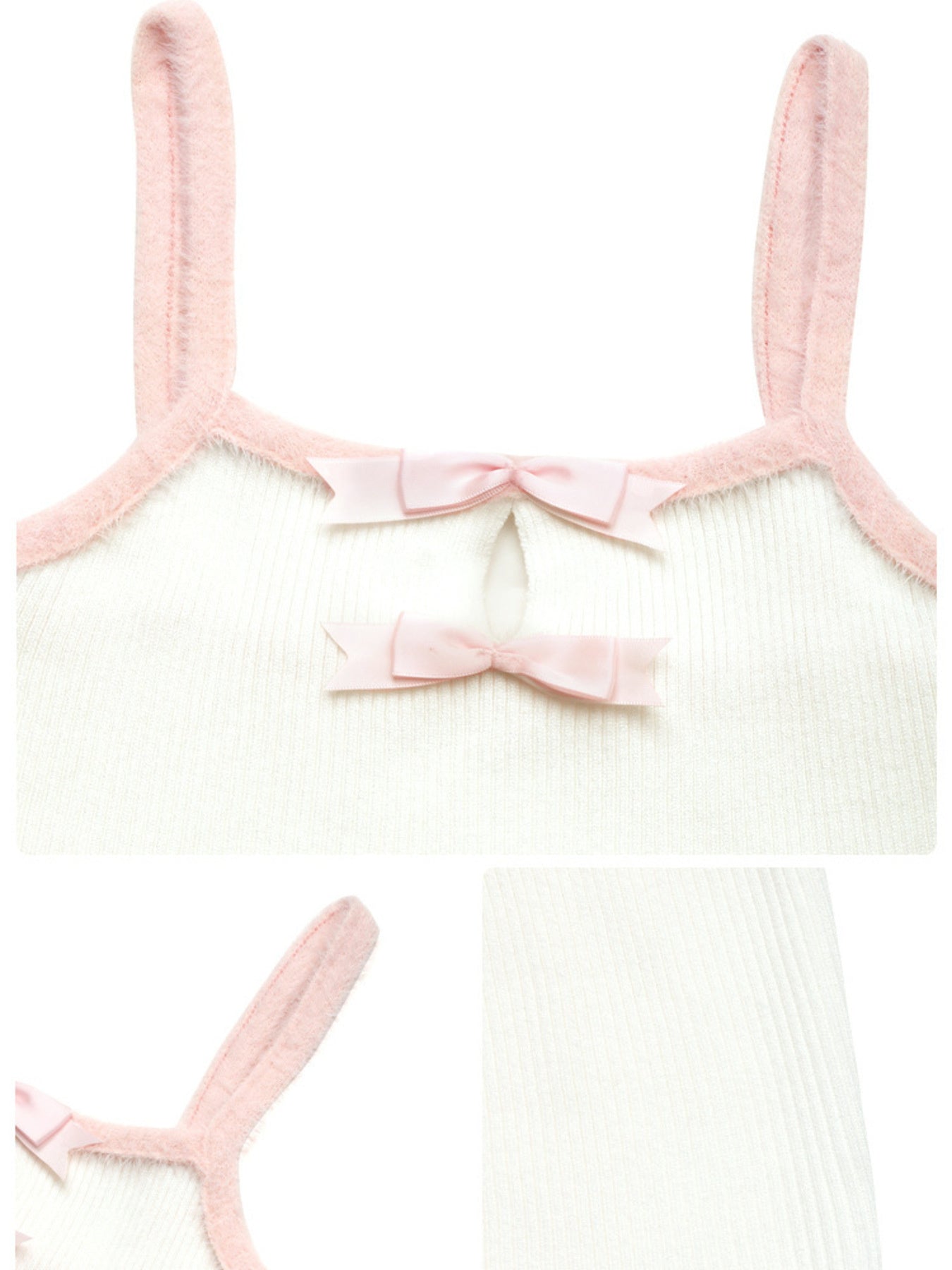 White ribbed camisole with pink trim and two pink bow accents at the neckline.