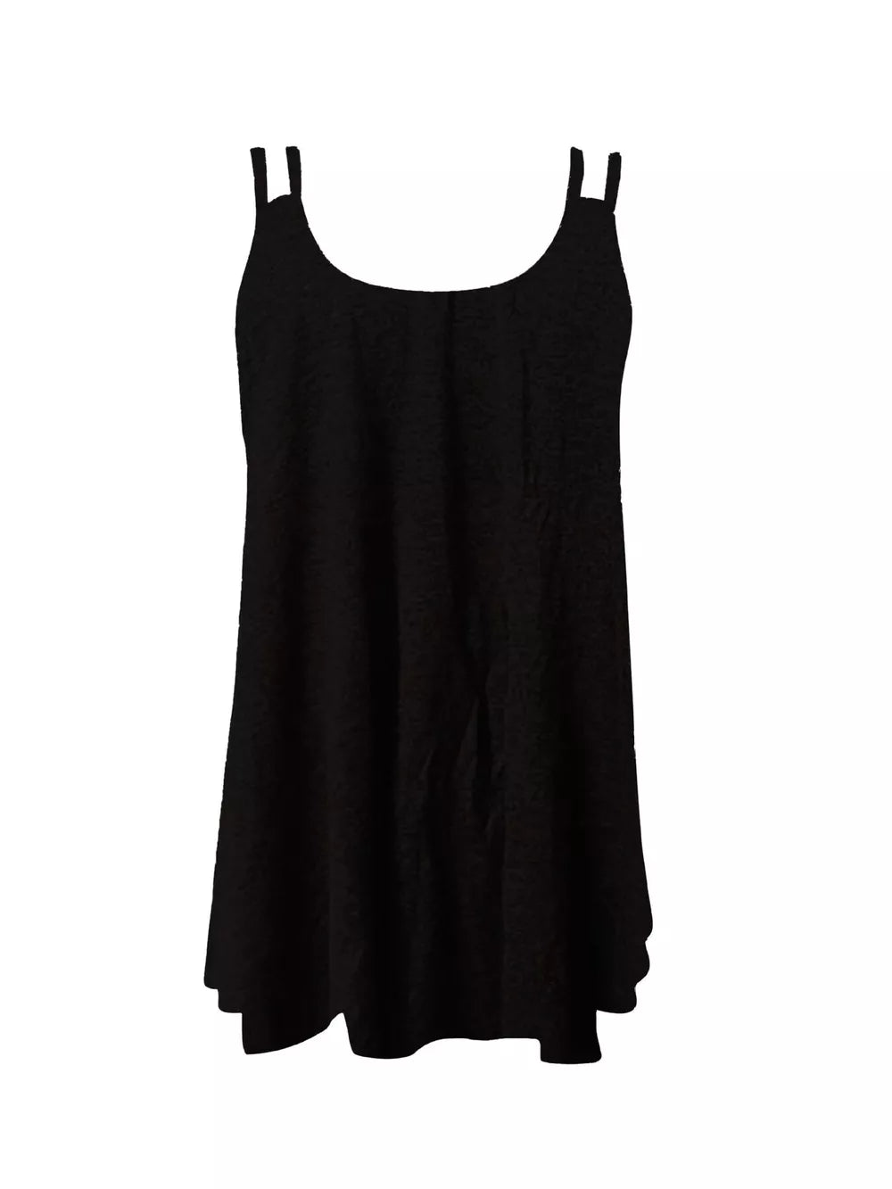 Black relaxed tank top with double strap detail and scoop neckline.