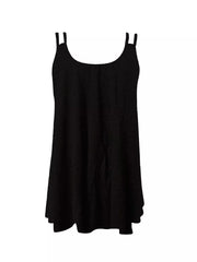 Black relaxed tank top with double strap detail and scoop neckline.
