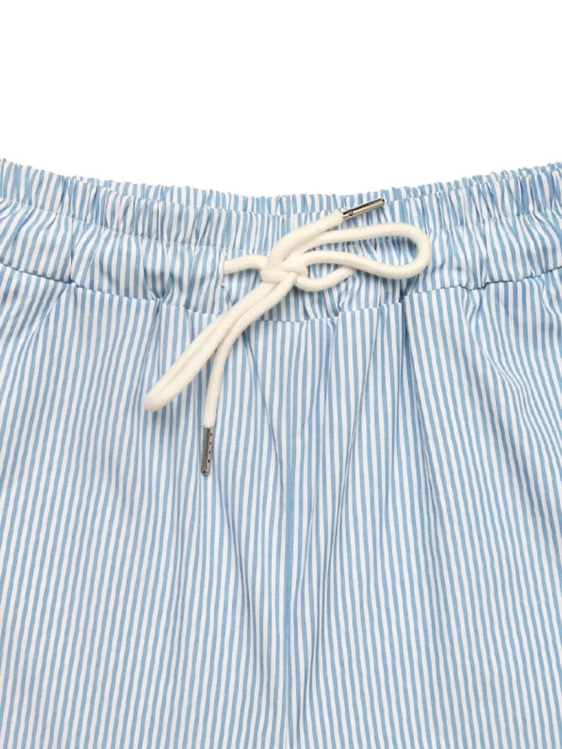 Light blue pinstripe palazzo cargo pants with drawstring waist and silver-tipped cord.