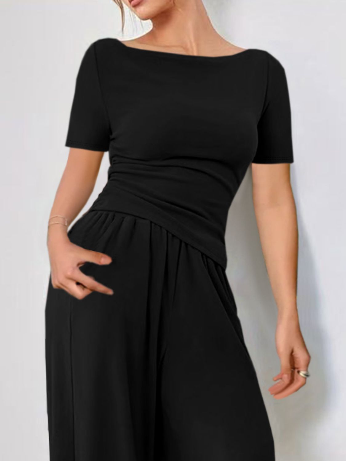 Black boat neck jersey co-ord set with wide leg pants and ruched waist detail