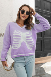 Lavender knit sweater with white ribcage graphic, V-neck, and striped cuffs.