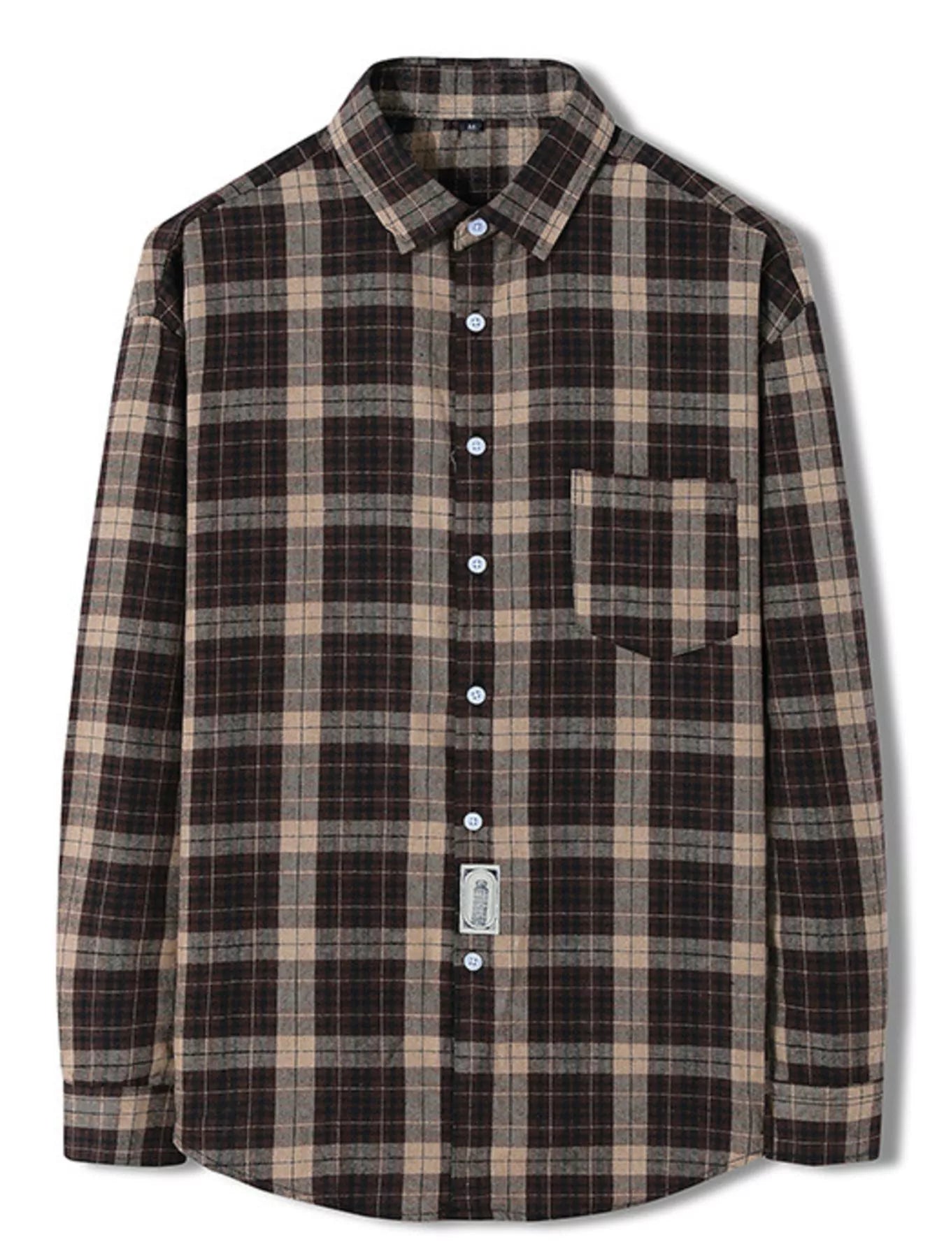 Brown plaid long-sleeve button-up shirt with chest pocket and cotton blend fabric.