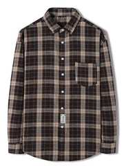 Brown plaid long-sleeve button-up shirt with chest pocket and cotton blend fabric.