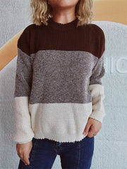 Colorblock textured knit pullover sweater with brown, grey, and cream stripes.