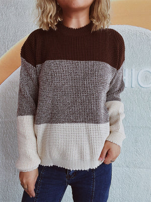 Colorblock textured knit pullover sweater with brown, grey, and cream stripes.
