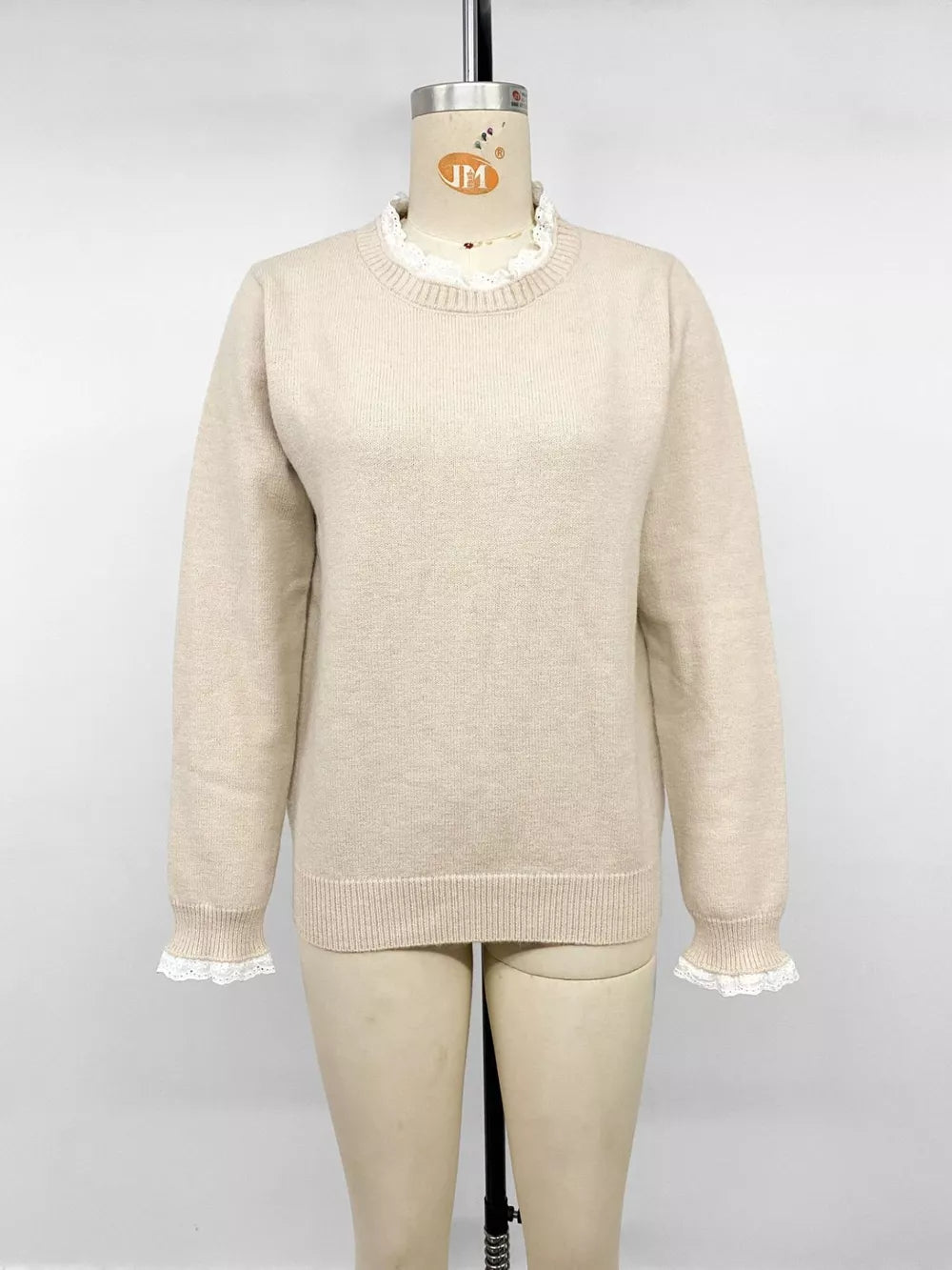Elegant Lace Trim Round Neck Sweater in Apricot, view 11
