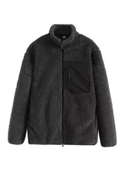 Sherpa zip-up jacket in dark gray with black patch pocket and zip details.