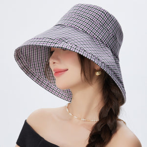 Gingham wide brim bucket hat in Style A, featuring a purple and black checkered pattern.