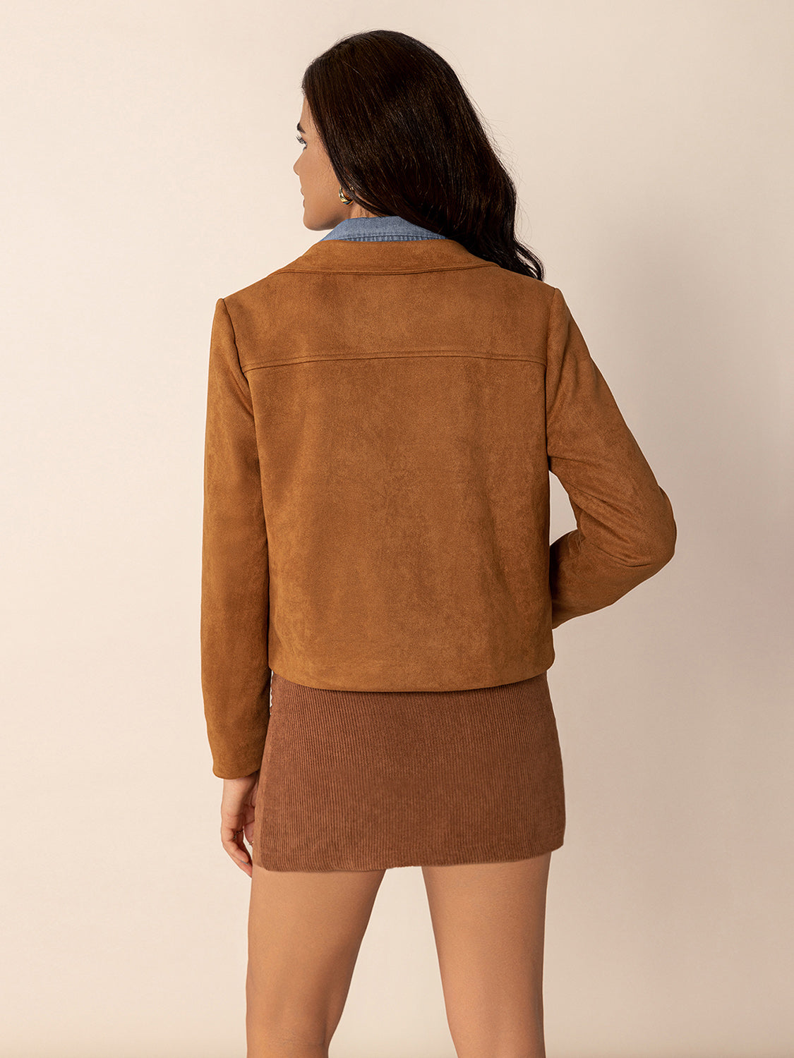 Caramel suede jacket with collar and western details, shown from the back.