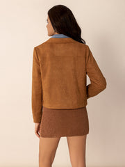 Caramel suede jacket with collar and western details, shown from the back.