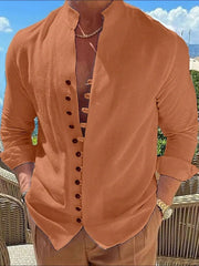 Caramel linen shirt with mandarin collar and button placket