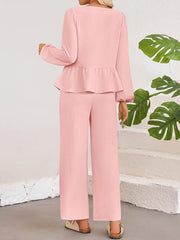 Dusty Pink Textured Peplum Tie-Neck Co-Ord Set with wide leg pants and long sleeves.