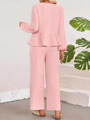 Dusty Pink Textured Peplum Tie-Neck Co-Ord Set with wide leg pants and long sleeves.
