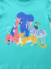 Crew neck t-shirt in teal with a playful safari animal graphic.