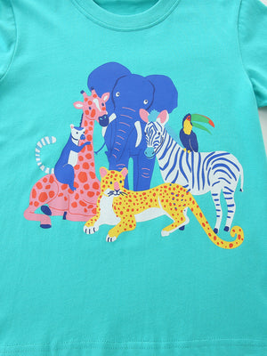 Crew neck t-shirt in teal with a playful safari animal graphic.