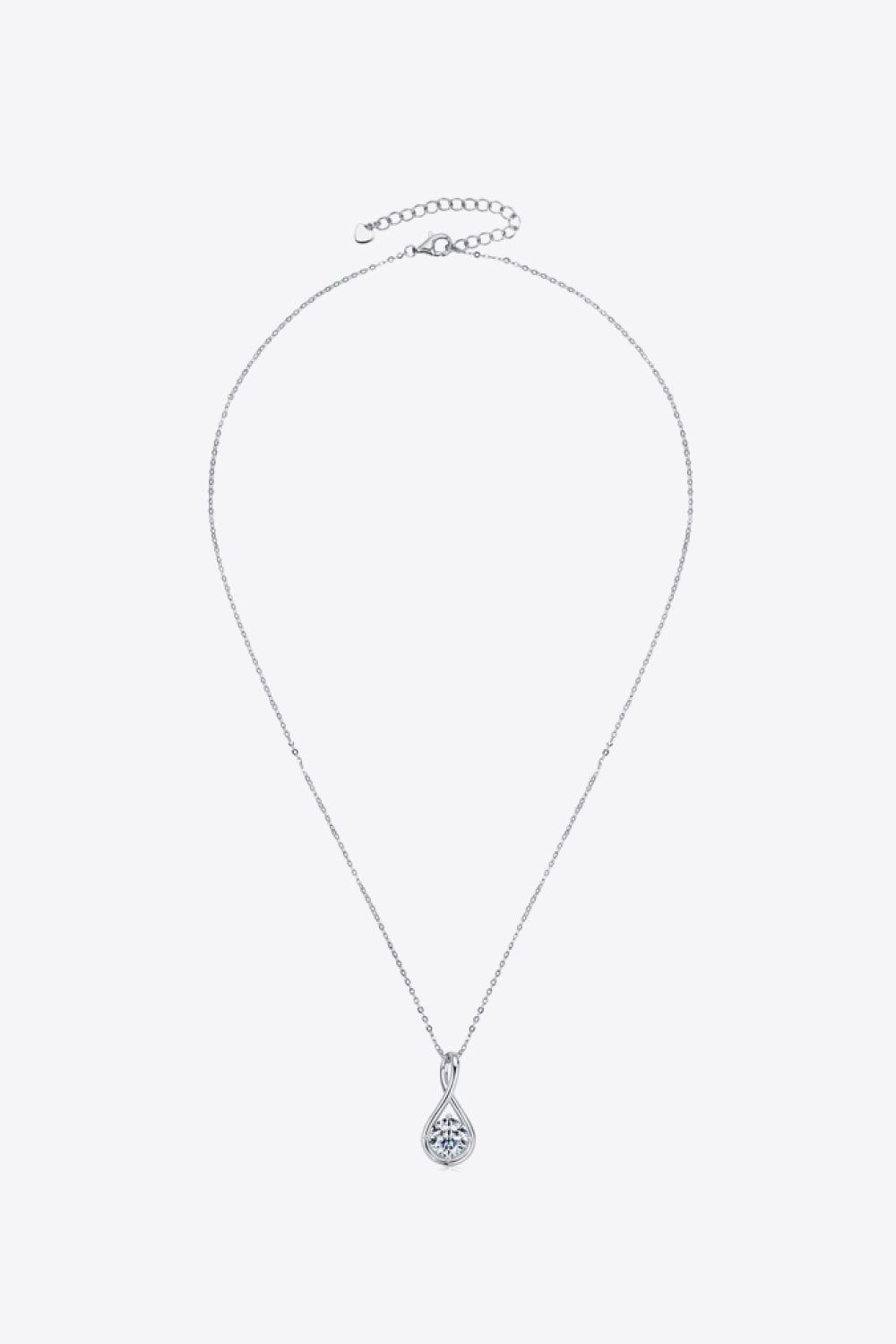 Silver infinity teardrop pendant necklace with a clear stone on a delicate chain.