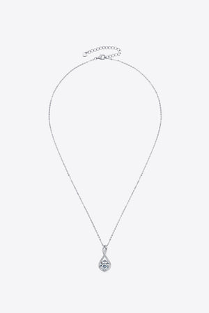 Silver infinity teardrop pendant necklace with a clear stone on a delicate chain.